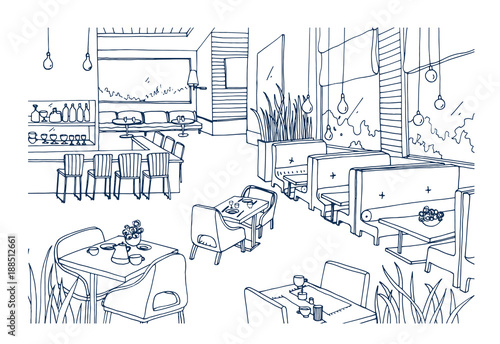 Freehand sketch of furnished interior of fancy restaurant or bistro hand drawn with contour lines on white background. Rough drawing of modern cafe or coffee house. Monochrome vector illustration.