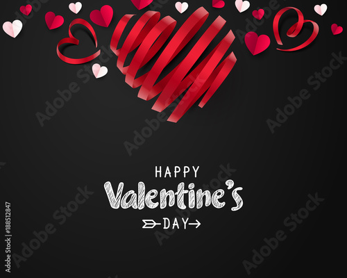 Twirl red heart ribbon and Happy valentine's day with paper hearts on black background