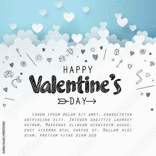 Paper art of group of heart combine to be the cloud with doodles love icon and copy space, origami and happy valentine's day concept