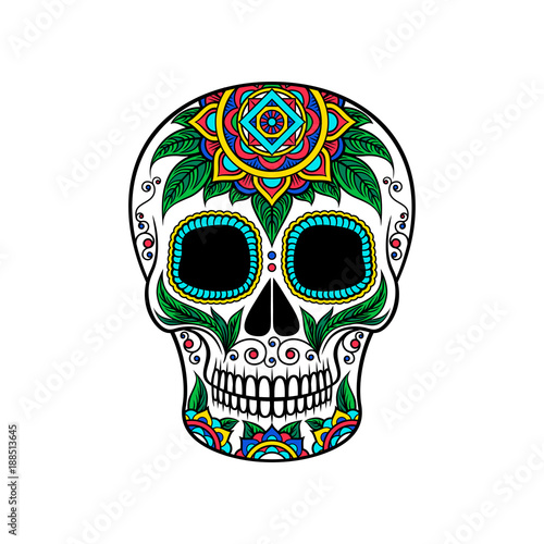 Mexican sugar skull with floral ornament, Dia de Muertos vector Illustration