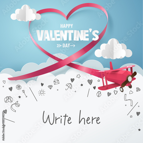 Paper art of pink plane pulling long tails ribbon to make a heart shape with doodles love icon and copy space, origami and valentine's day concept