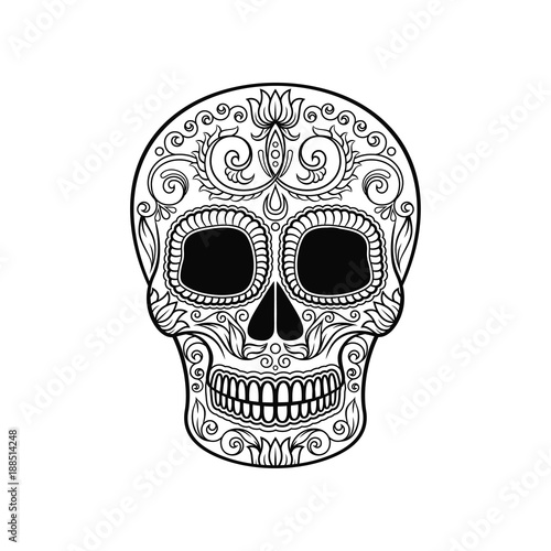 Mexican sugar skull with floral pattern, Dia de Muertos black and white vector Illustration