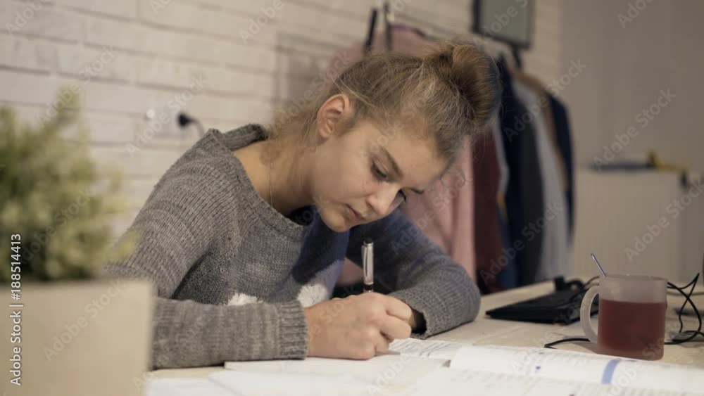 Young, teenage girl writing notes in notebook, doing homework by table at home
Young, teenage girl writing notes in notebook, doing homework by table at home