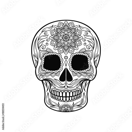 Day of The Dead Skull, sugar skull with floral pattern black and white vector Illustration
