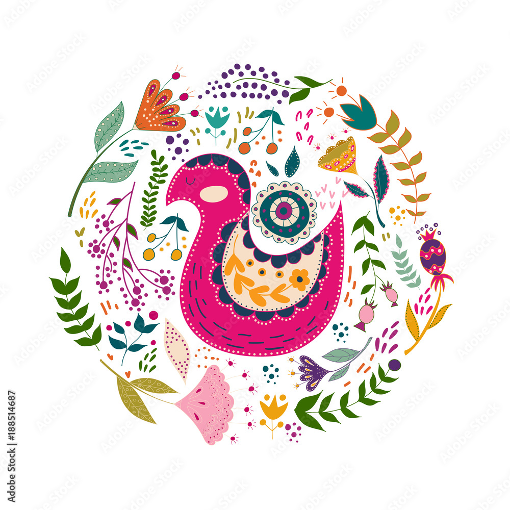 Art set vector colorful illustration with beautiful birds and flowers. Art poster for decoration your interior and for use in your unique design. Scandinavian style. Folk art.
