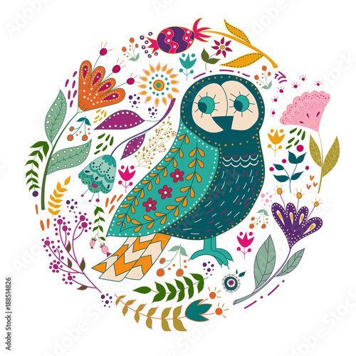Art set vector colorful illustration with beautiful birds and flowers. Art poster for decoration your interior and for use in your unique design. Scandinavian style. Folk art.