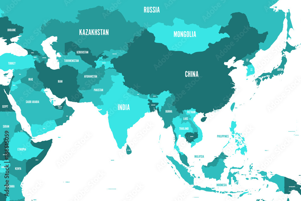Political map of western, southern and eastern Asia in shades of turquoise blue. Modern style simple flat vector illustration.