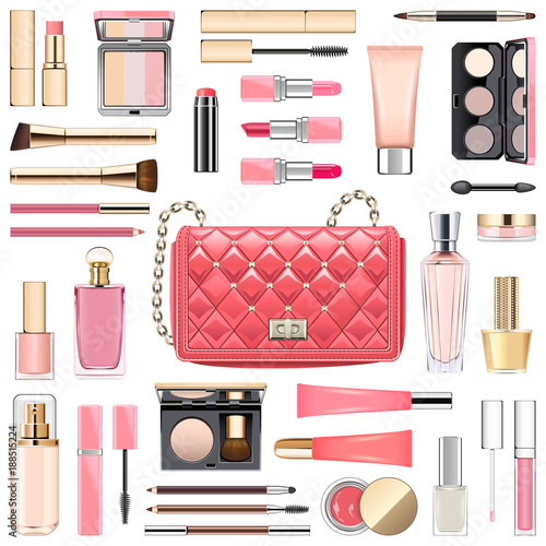 Vector Makeup Cosmetics with Pink Handbag