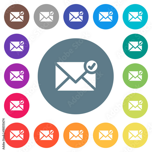 Mail sent flat white icons on round color backgrounds
