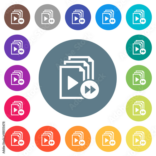 Playlist fast forward flat white icons on round color backgrounds