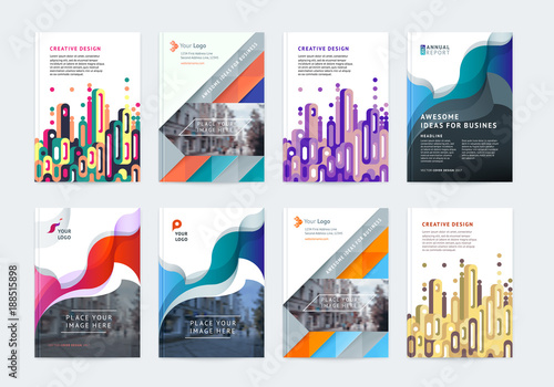 Business vector set. Brochure template layout, cover design annual report, flyer in A4 with colourful geometric shapes for PR, business, tech on bright background. Abstract creative design.