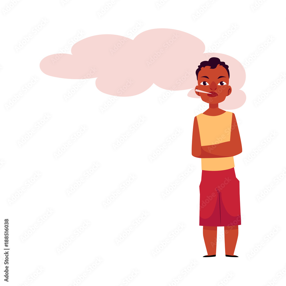 Vector flat african adult man smoking in summer clothing with arms crossed in chest. Male black character smoker nicotine addiction tobacco smoking risk concept. Isolated illustration white background Vector flat african adult man smoking in summer clothing with arms crossed in chest. Male black character smoker nicotine addiction tobacco smoking risk concept. Isolated illustration white background