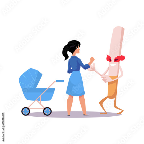 Vector flat huge evil cigarette monster character with burning eyes, legs and arms fighting with mother defending baby stroller. Nicotine addiction, tobacco smoking risk, threat concept illustration