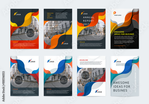 Business vector set. Brochure template layout, cover design annual report, flyer in A4 with colourful geometric shapes for PR, business, tech on bright background. Abstract creative design.