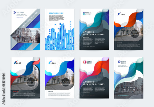 Business vector set. Brochure template layout, cover design annual report, flyer in A4 with colourful geometric shapes for PR, business, tech on bright background. Abstract creative design.