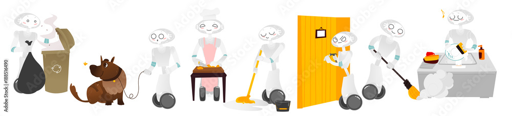 Funny flat robot home assistants set. Humanoid cleaner on wheels washing dishes, walking with animals, wiping floor Modern technology, artificial intelligence and chores. Isolated vector illustration
