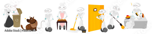 Funny flat robot home assistants set. Humanoid cleaner on wheels washing dishes, walking with animals, wiping floor Modern technology, artificial intelligence and chores. Isolated vector illustration