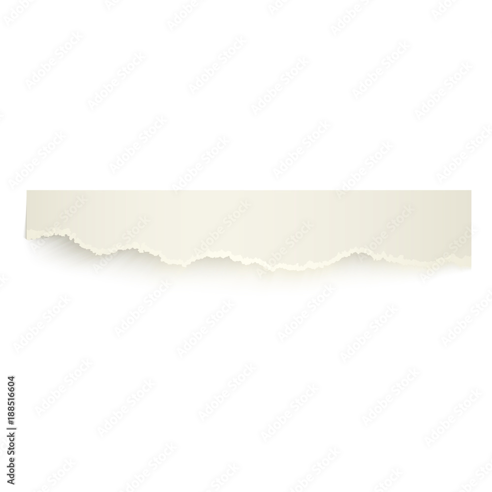 Horizontal piece, ribbon of torn-off blank paper with ripped edge, realistic vector illustration isolated on transparent background. Realistic vector ribbon, banner, piece of torn-off, ragged paper