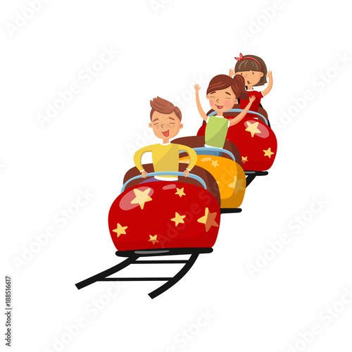 Happy people riding on roller coaster in amusement park cartoon vector Illustration