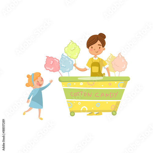Cute little girl bying cotton candy from street food cart., food kiosk on wheels cartoon vector Illustration
