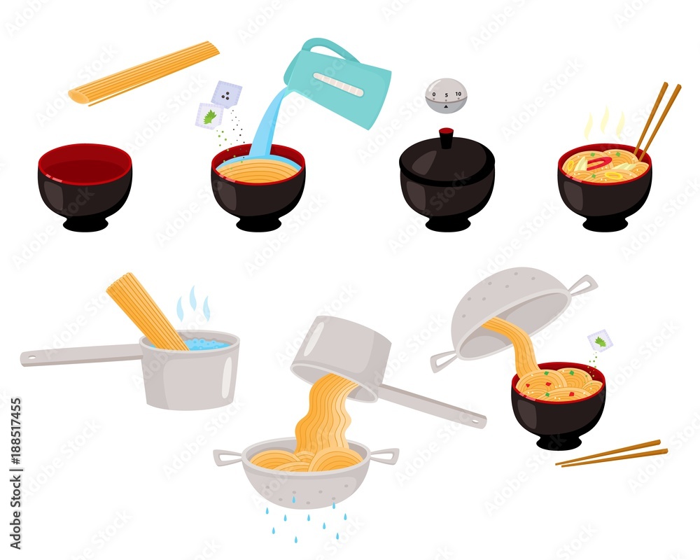 Step by step instant and udon noodle cooking instructions, vector illustration isolated on white
