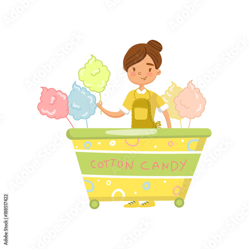 Cotton candy cart with female seller, food kiosk on wheels cartoon vector Illustration