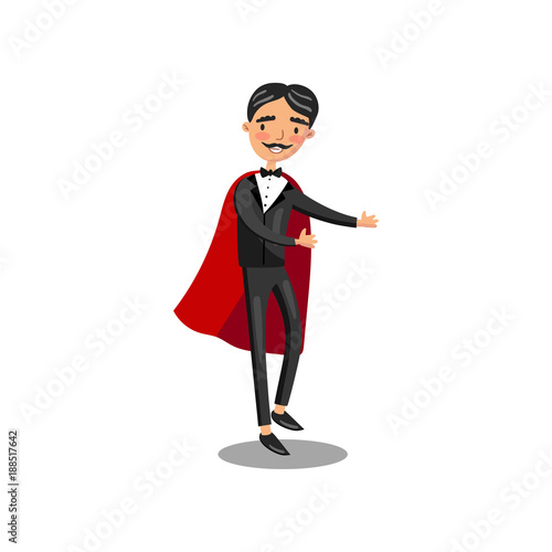 Male magician character in black suit and red cape performing his trick cartoon vector Illustration