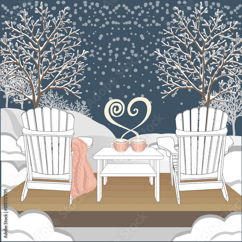 Relaxed home saint valentine's day illustration. Two outdoor wooden chairs with knitted plaid. Two cocoa cups with heart shaped steam and knitted mug cosy. Cosy winter night vector card