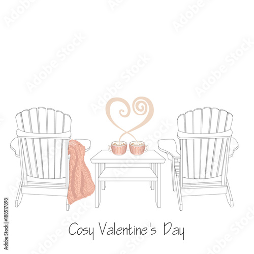 Relaxed home saint valentine's day illustration. Two outdoor wooden chairs with knitted plaid. Two cocoa cups with heart shaped steam and knitted mug cosy