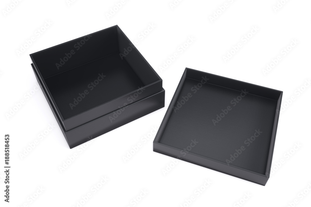 Empty black box with the adjacent cap on a white background. 3d rendering Empty black box with the adjacent cap on a white background. 3d rendering