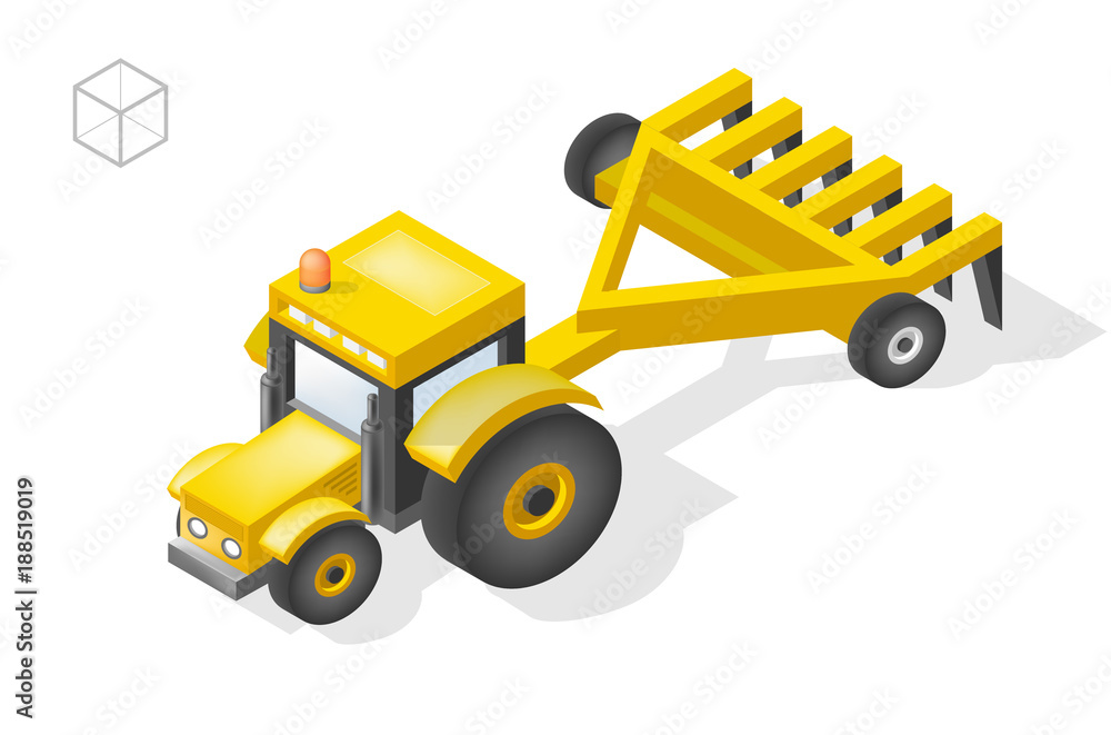 Set of Isolated Isometric Minimal City Elements . Tractor with Shadows on White Background Set of Isolated Isometric Minimal City Elements . Tractor with Shadows on White Background