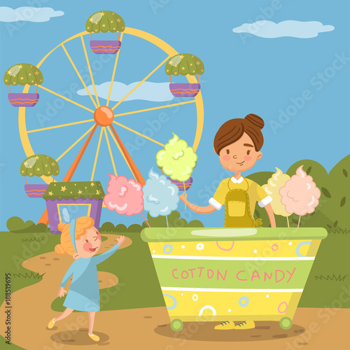 Cute little girl bying cotton candy from street food cart in front of ferris wheel in amusement park vector Illustration, colorful design element for poster or banner