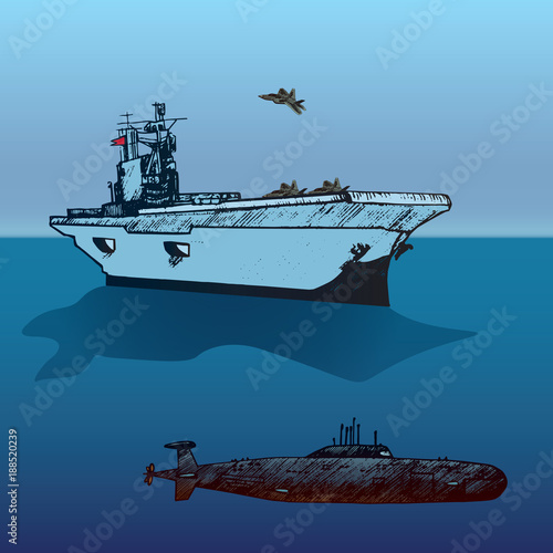 Aircraft carrier typical with Military airplane Raptor on board and submarine under, hand drawn doodle sketch, isolated vector outline army collection illustration on blue ocean and sky background