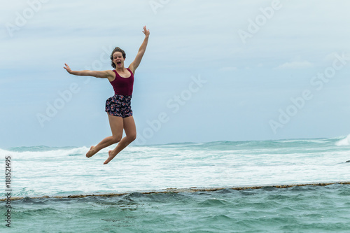 Girl Happy Holidays Beach Jumping Tidal Pool Ocean