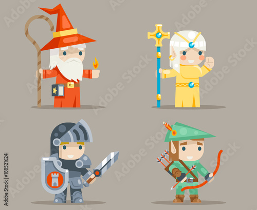 Warrior Mage Priest Archer Fantasy RPG Game Human Elf Character Vector Icons Set Vector Illustration
