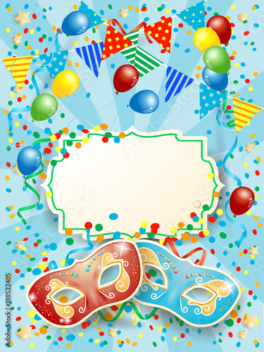 Party background with carnival masks, label, balloon and festoon