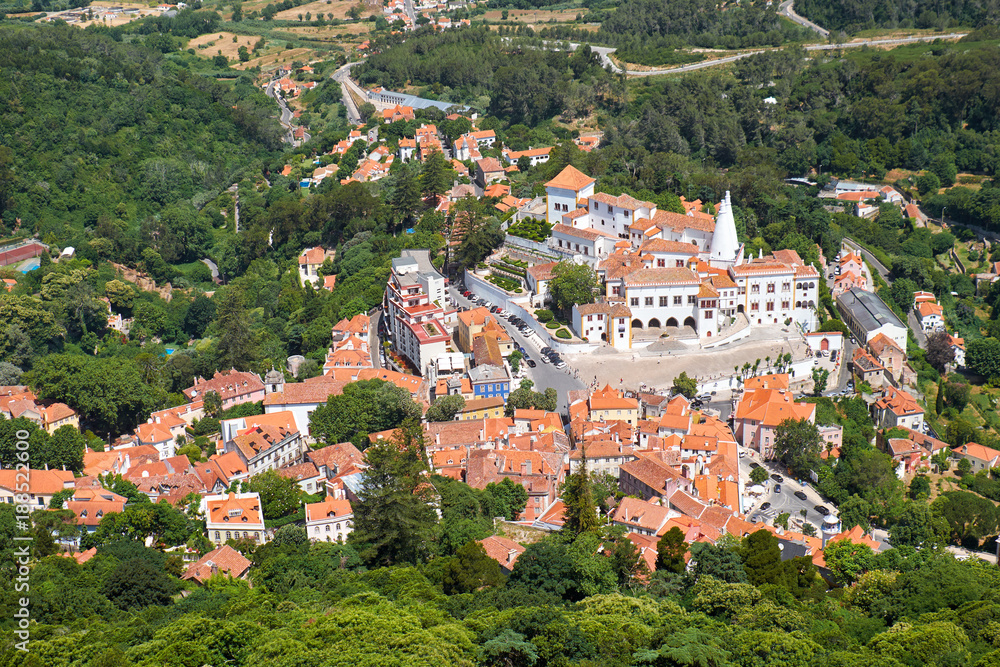 Bird's-eye view on Palace of Sintra as seen from the Sintra Mountains. Sintra. Portugal
