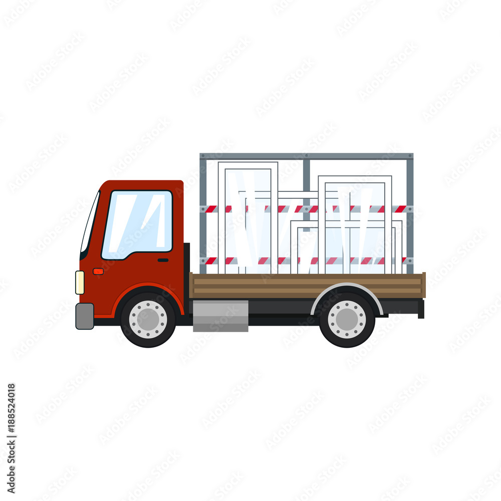 Red Small Truck Transports Windows Isolated on a White Background, Transportation and Cargo Delivery Services, Logistics, Shipping and Freight of Goods, Vector Illustration
