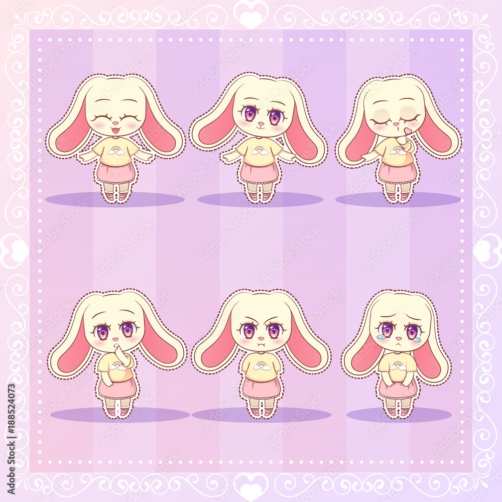 Sweet Kitty Little cute kawaii anime cartoon bunny rabbit girl in dress  with long fluffy ears different emotions mascot sticker Happy, sad, angry,  smile, kiss, love Children character Stock Vector | Adobe