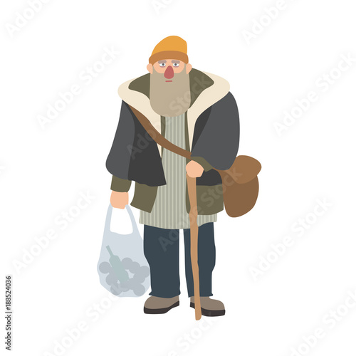 Old homeless man with beard and cane standing and holding plastic bag. Elderly bum, vagabond or hobo dressed in shabby clothes. Cartoon character isolated on white background. Vector illustration.
