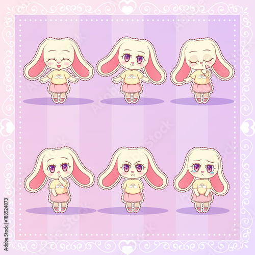 Sweet Kitty Little cute kawaii anime cartoon bunny rabbit girl in dress with long fluffy ears different emotions mascot sticker Happy, sad, angry, smile, kiss, love Children character