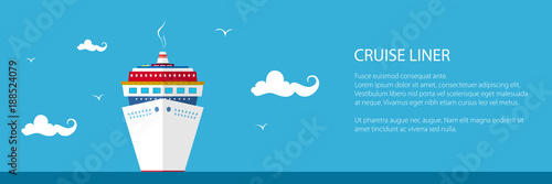 Banner with Cruise Ship , Front View of the Liner in the Sea, Travel and Tourism Concept , Vector Illustration
