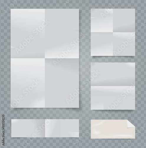 Set of vector white folded papers on transparent background.