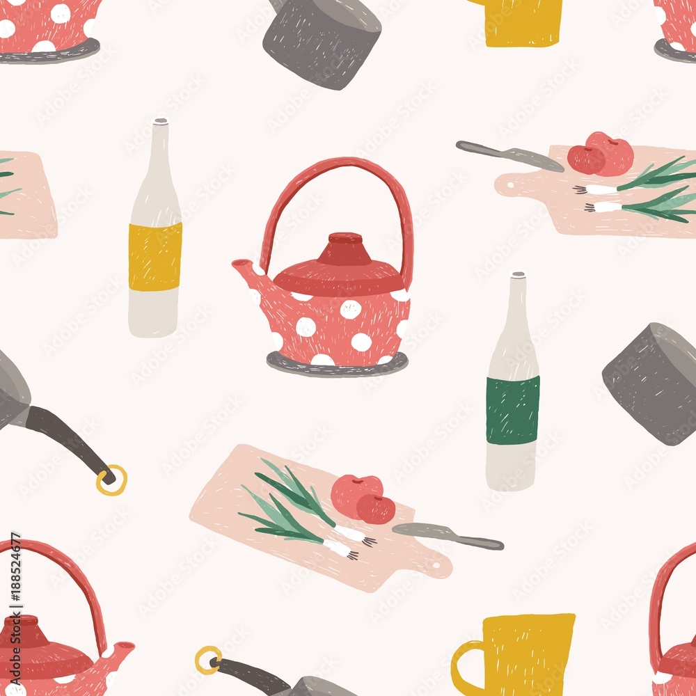 Seamless pattern with kitchen utensils. Cooking tools for home and