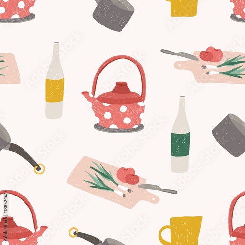 Seamless pattern with colorful kitchen utensils, cookware, tools for food processing, meals preparation or home cooking on white background. Vector illustration for wallpaper, textile print, backdrop.