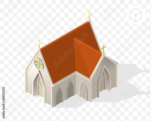 Isometric High Quality City Element with 45 Degrees Shadows on Transparent Background . Church