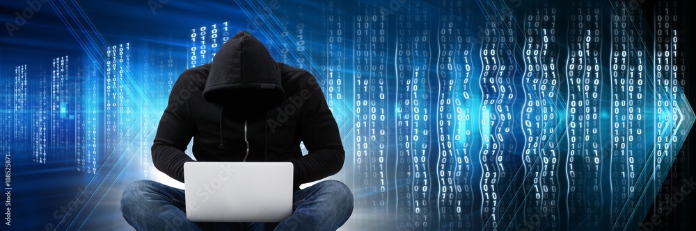 Anonymous hacker with computer code binary interface Anonymous hacker with computer code binary interface