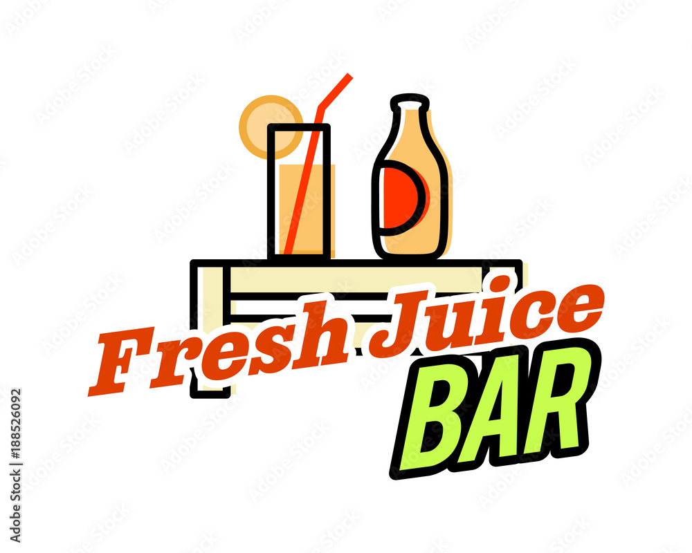 Fresh juice bar logo or poster. Glass with orange juice and juice in bottle to go on modern pallet table. Isolated on white background flat line art style juice bar logo template. Fresh juice bar logo or poster. Glass with orange juice and juice in bottle to go on modern pallet table. Isolated on white background flat line art style juice bar logo template.