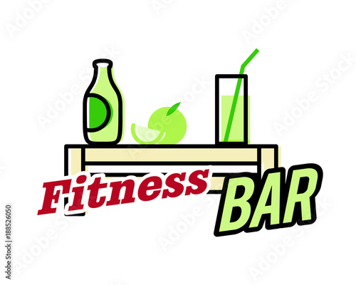 Fitness bar logo or poster. Glass and bottle to go with juice and slices of apple on modern pallet table. Isolated on white background flat line art style fitness bar logo template.