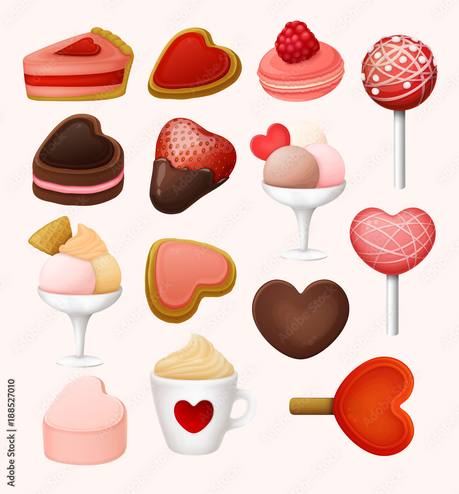 St Valentine`s day sweets icons set. Vector illustration. St Valentine`s day sweets icons set. Vector illustration.